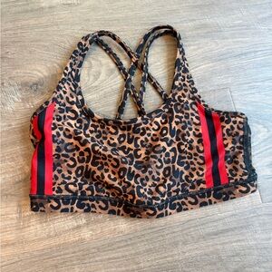 Leopard Print Sports Bra with Red Stripes